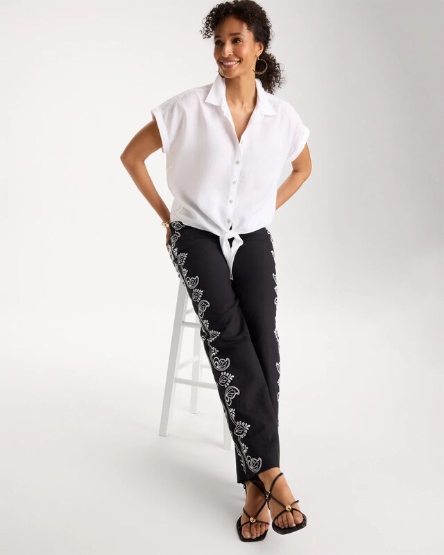 No Iron Linen Tie-Front Cap Sleeve Shirt - image 2